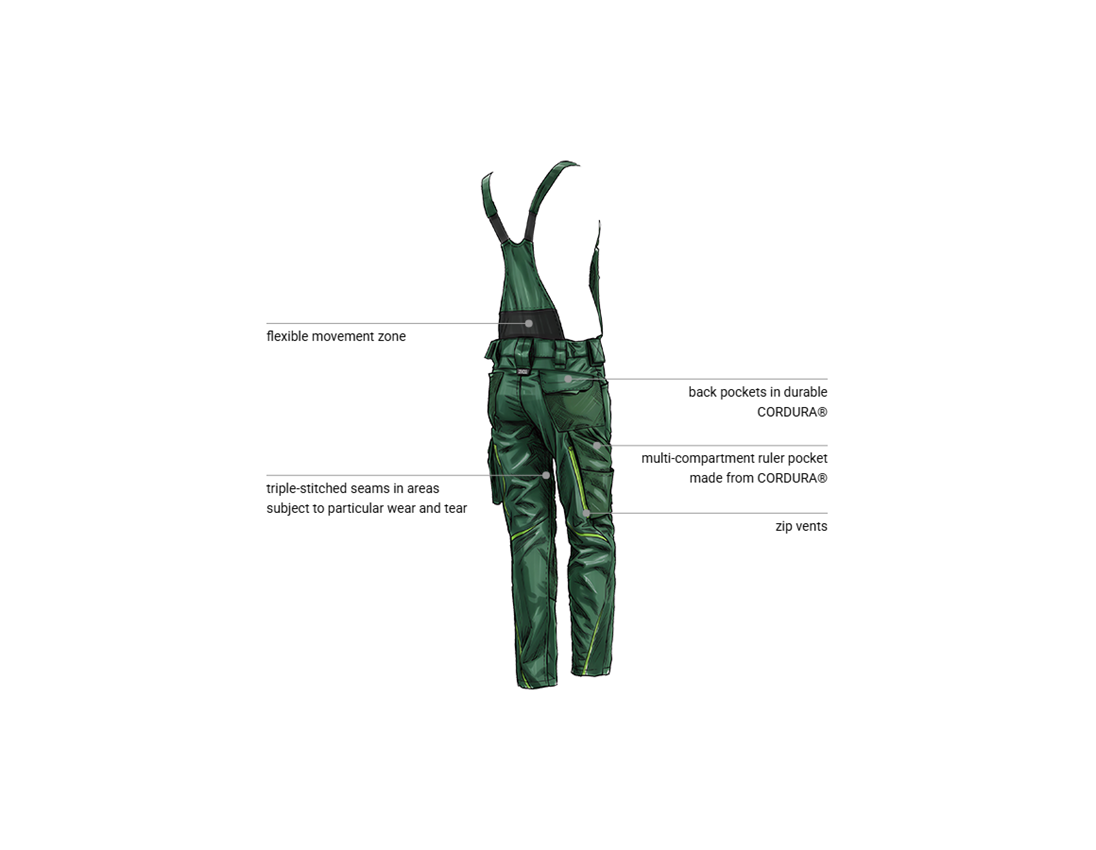 Work Trousers: Ladies' bib & brace e.s.motion 2020 + green/seagreen 2
