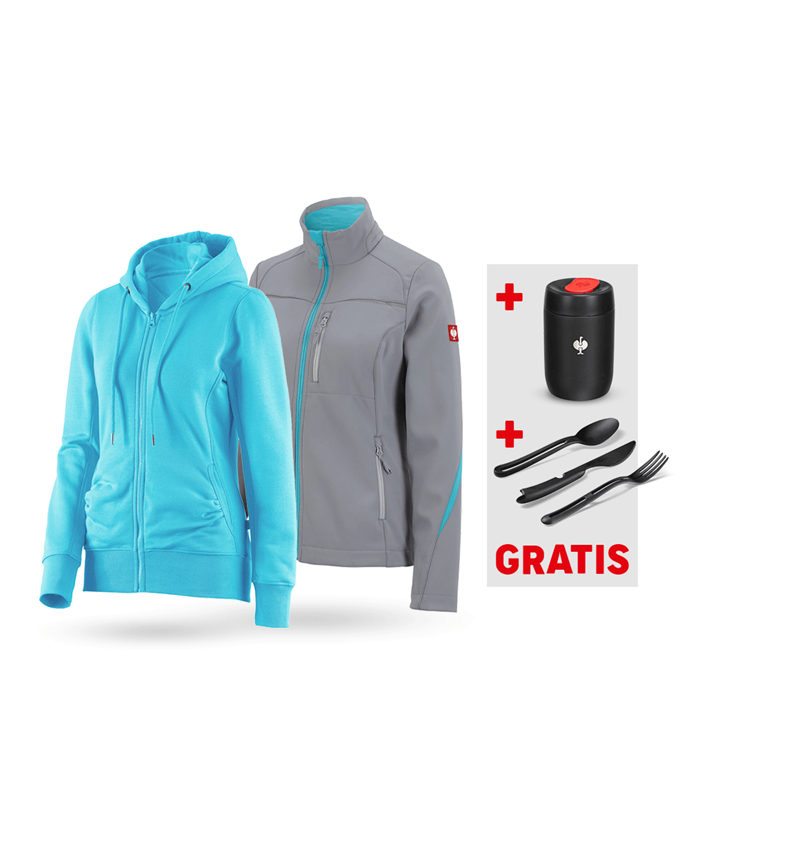 Större presenter: SET: Softshelljacka + Hoody-Sweatjacka, dam + platina/capri