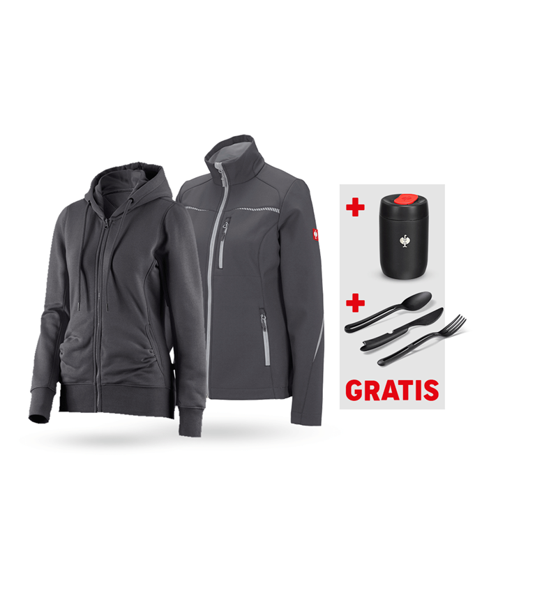 Kläder: SET: Softshelljacka + Hoody-Sweatjacka, dam + antracit/platina