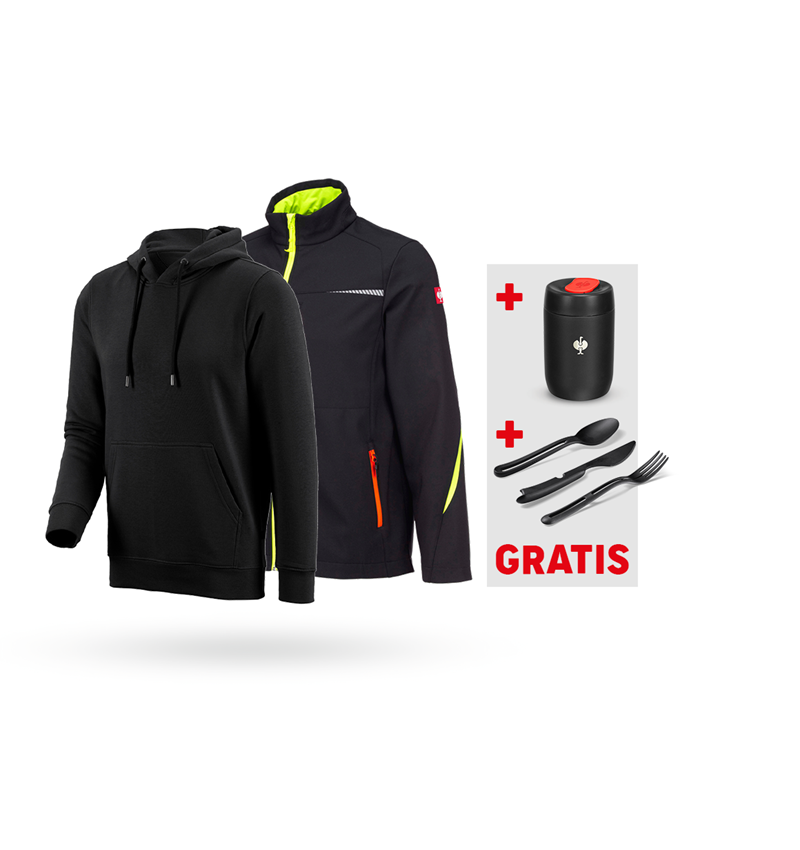 Arbetsjackor: SET: Softshelljacka e.s.motion 2020 + hoody + svart/varselgul/varselorange