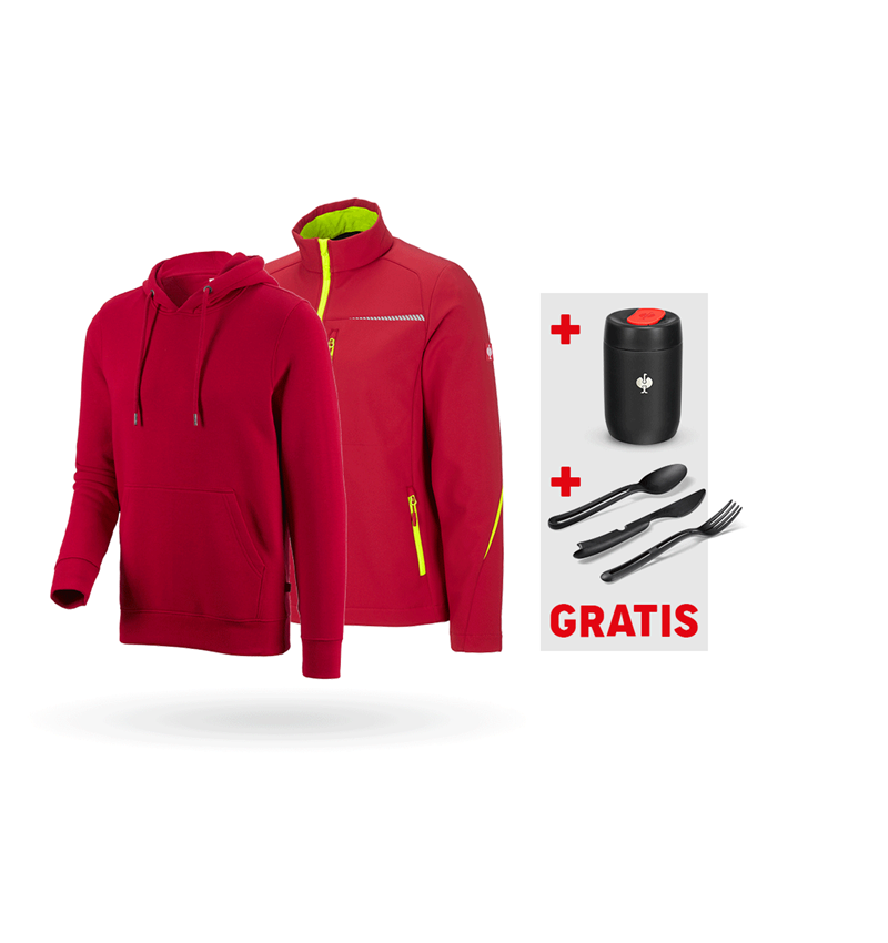 Arbetsjackor: SET: Softshelljacka e.s.motion 2020 + hoody + eldröd/varselgul