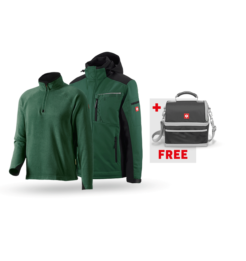 Clothing: SET:Softshell jacket e.s.motion+microfleece troyer + green/black