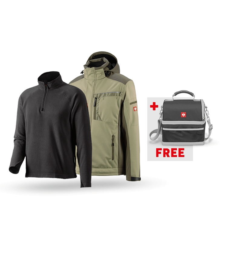 Clothing: SET:Softshell jacket e.s.motion+microfleece troyer + reed/moss