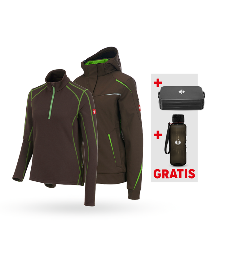 Överdelar: SET: Wintersofts.jacka e.s.motion 2020+Troyer, dam + kastanj/sjögrön