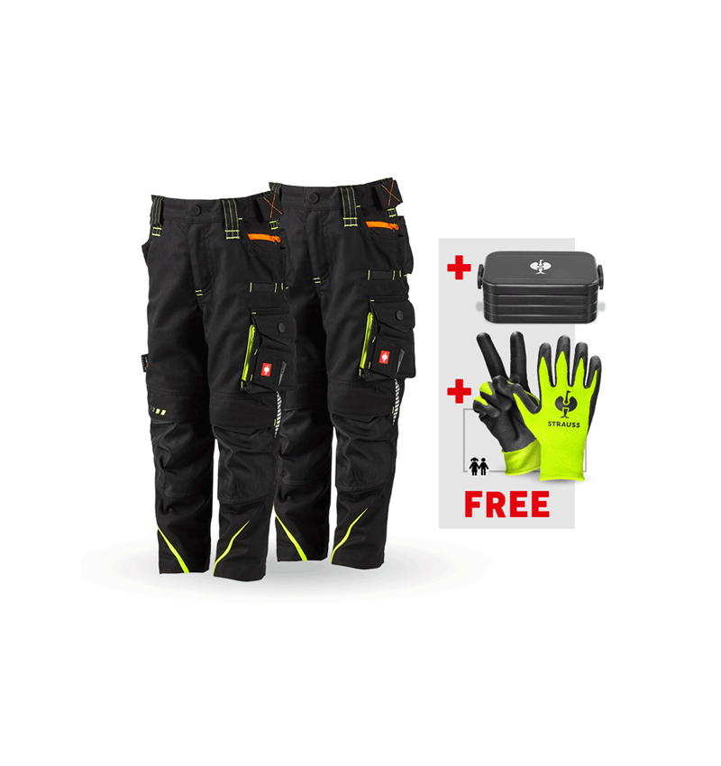 Clothing sets: SET: 2x children’s trousers e.s.motion 2020 + black/high-vis yellow/high-vis orange