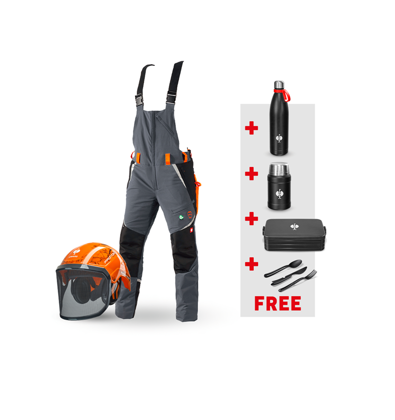 Clothing: SET: e.s. Forestry cut prot. bib&brace KWF+ helmet + grey/high-vis orange