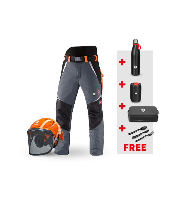 Clothing: SET: e.s. Forestry cut prot. trousers KWF + helmet + grey/high-vis orange