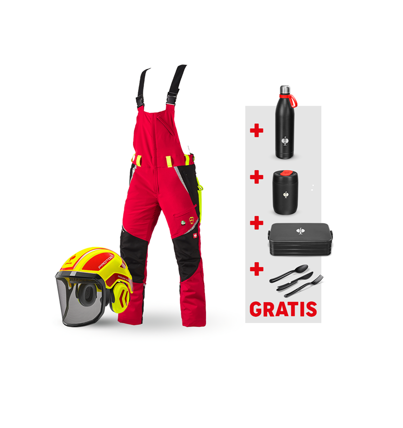 Kläder: SET: e.s. skärskydds hängselbyxa,skogsb. KWF+hjälm + röd/varselgul
