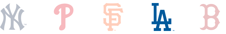 Logos of the New York Yankees, Philadelphia Phillies, San Francisco Giants, Los Angeles Dodgers and Boston Red Sox.