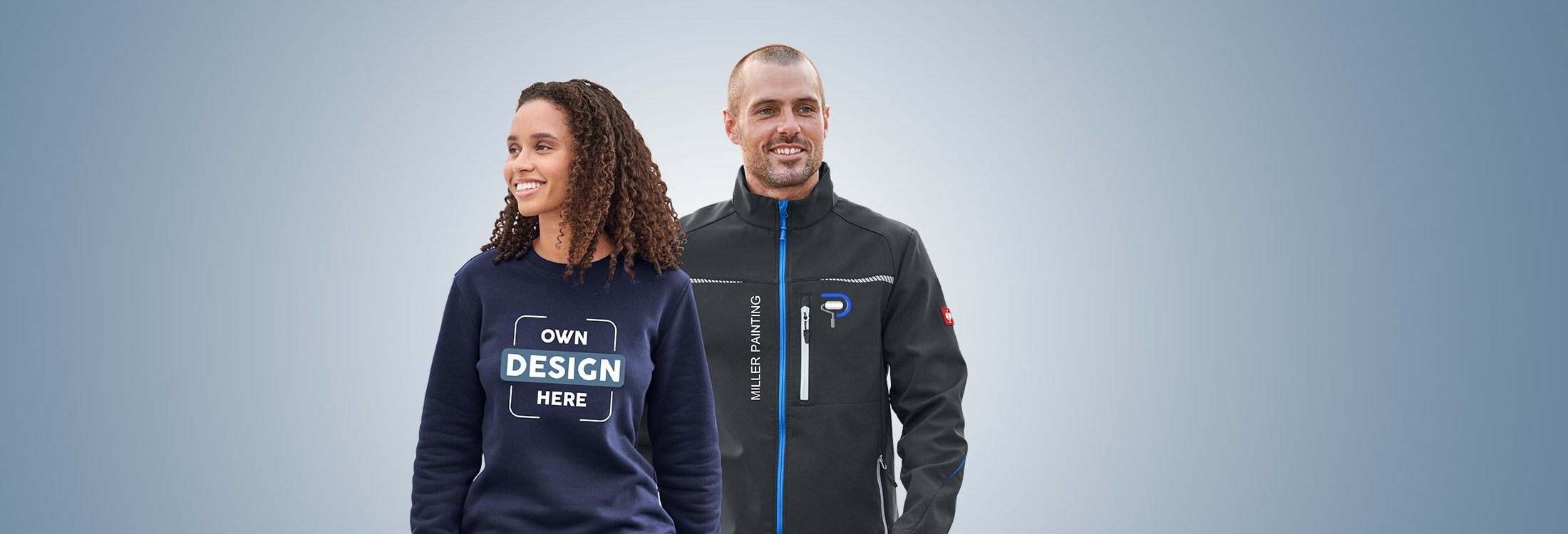 Strauss MyDesign – Man and woman wearing printable and embroiderable clothing
