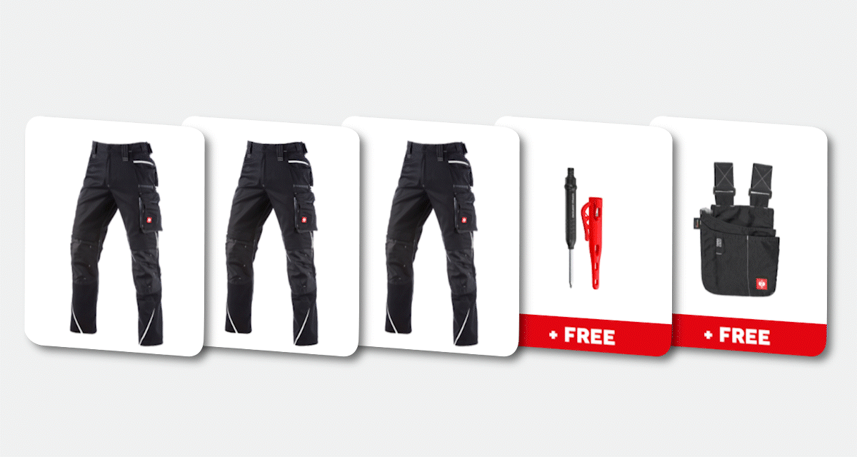 Animation of set configuration: 3x trousers and/or bib & brace e.s.motion 2020 in different colours with various free items