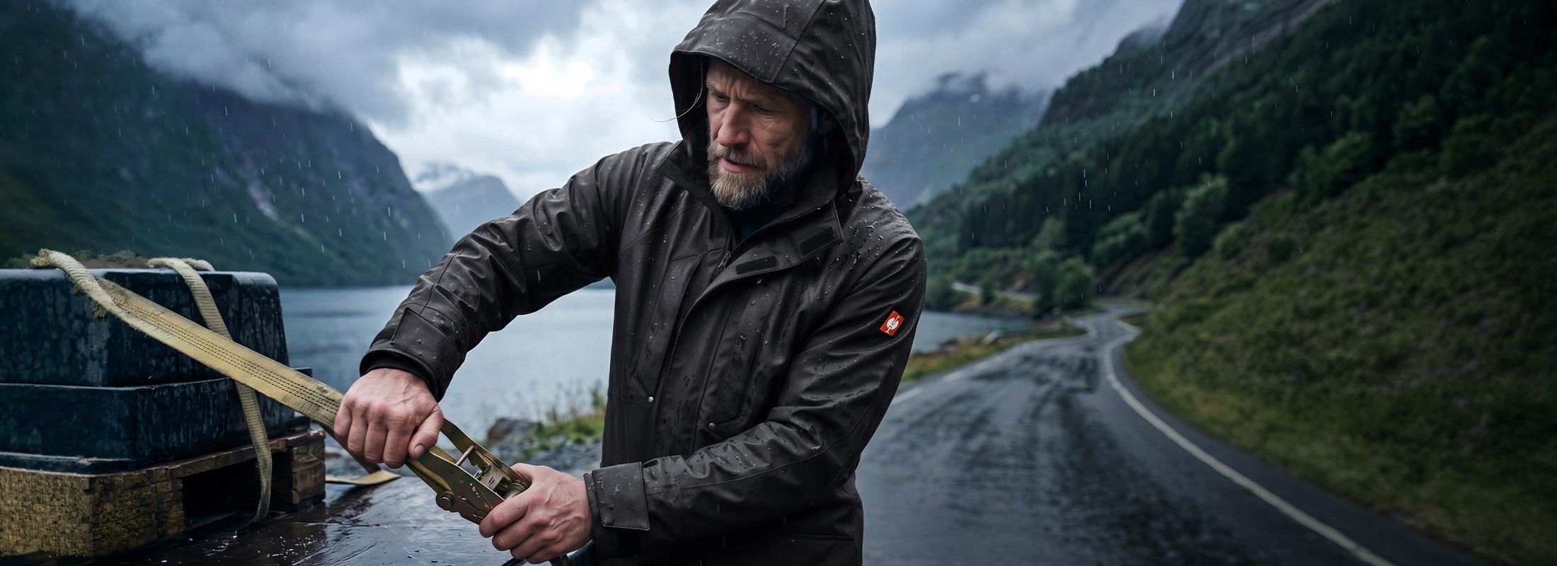 KI-generiert / modifiziert - Man i Regnparkas e.s.line.nordic spänner ett spännband på ett flak i regnet, med berg i bakgrunden.