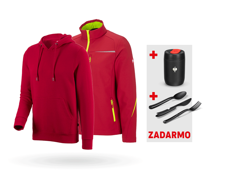 Hlavné zobrazenie, Pracovné bundy, SÚPRAVA: Softshell. bunda e.s.motion 2020 + mikina, ohnivá červená/výstražná žltá