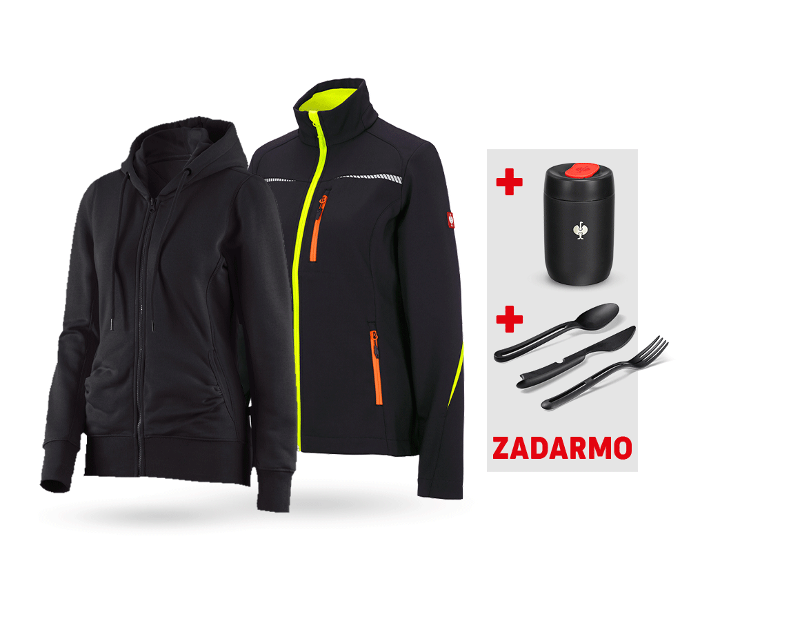 Oblečenie: SÚPRAVA: Softshellová bunda+Mikina s kapucňou,dám. + čierna/výstražná žltá/výstražná oranžová