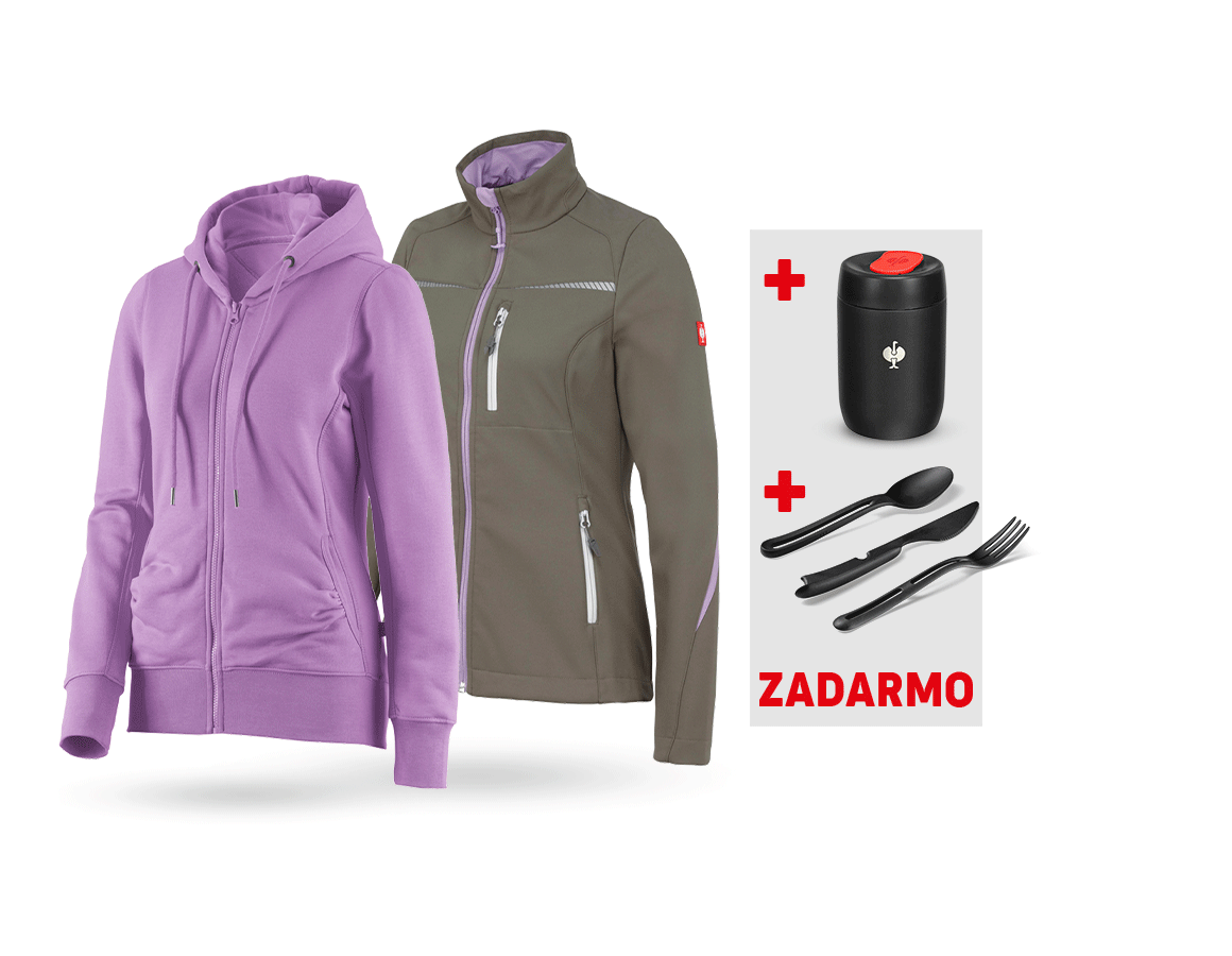 Oblečenie: SÚPRAVA: Softshellová bunda+Mikina s kapucňou,dám. + kamenná/levanduľová