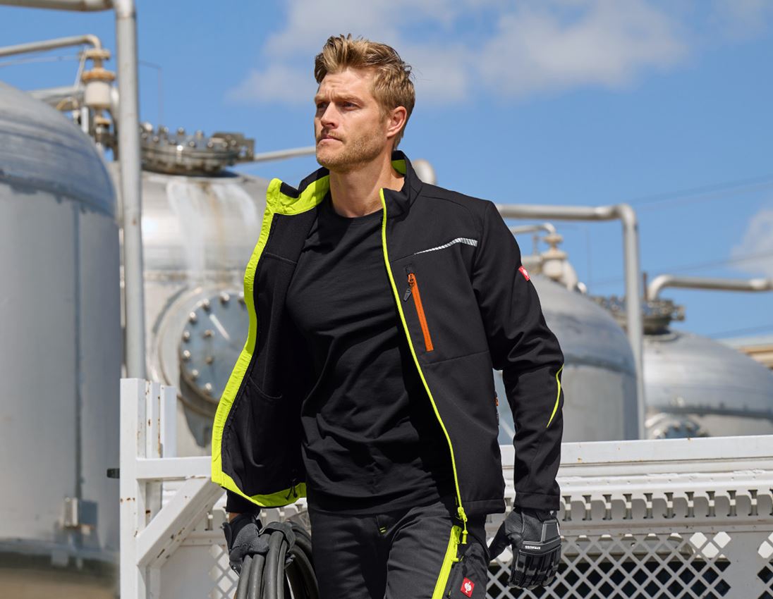 Pracovné bundy: Softshellová bunda e.s.motion 2020 + čierna/výstražná žltá/výstražná oranžová 1