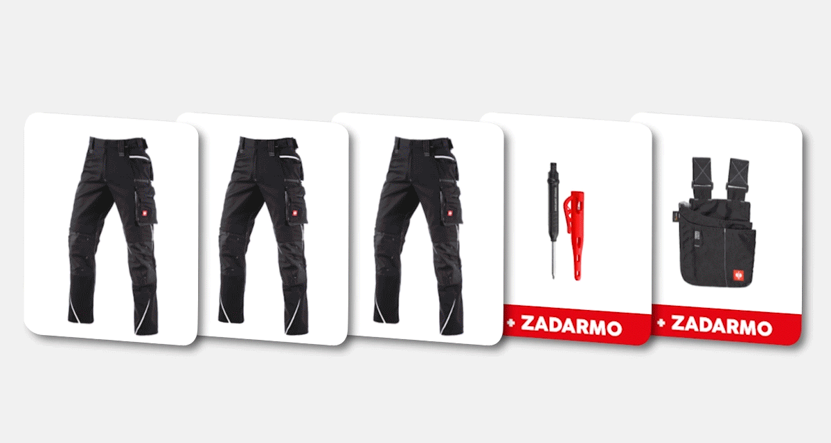 Animácia konfigurácie setu: 3x pracovné nohavice a/alebo montérky e.s.motion 2020 v rôznych farbách s rôznymi darčekovými predmetmi