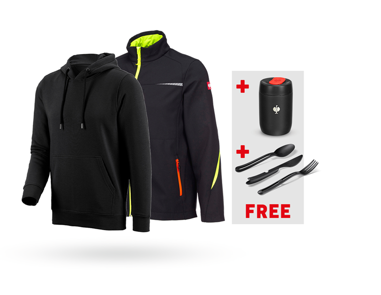 Main view, Softshell Jackets, SET: Softshell jacket e.s.motion 2020 + hoody, black/high-vis yellow/high-vis orange