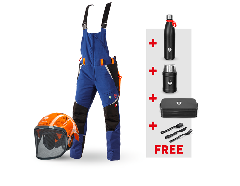 Main view, SALE, SET: e.s. Forestry cut prot. bib&brace KWF+ helmet, royal/high-vis orange