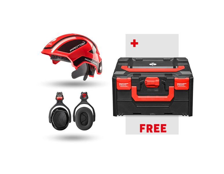 Main view, Hard Hats, Work safety set Protos + FREE STRAUSSbox 215, red/black
