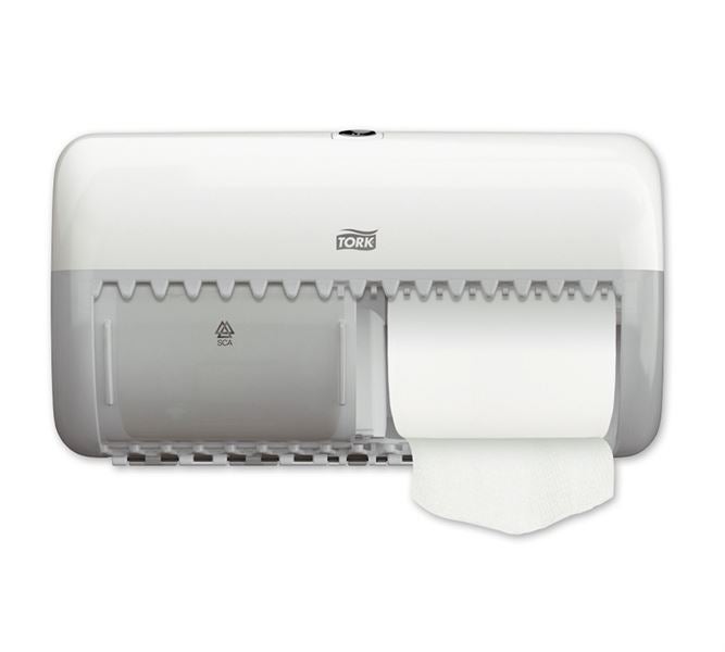 Main view, Cloth dispenser, Tork dispenser for two small toilet paper rolls 