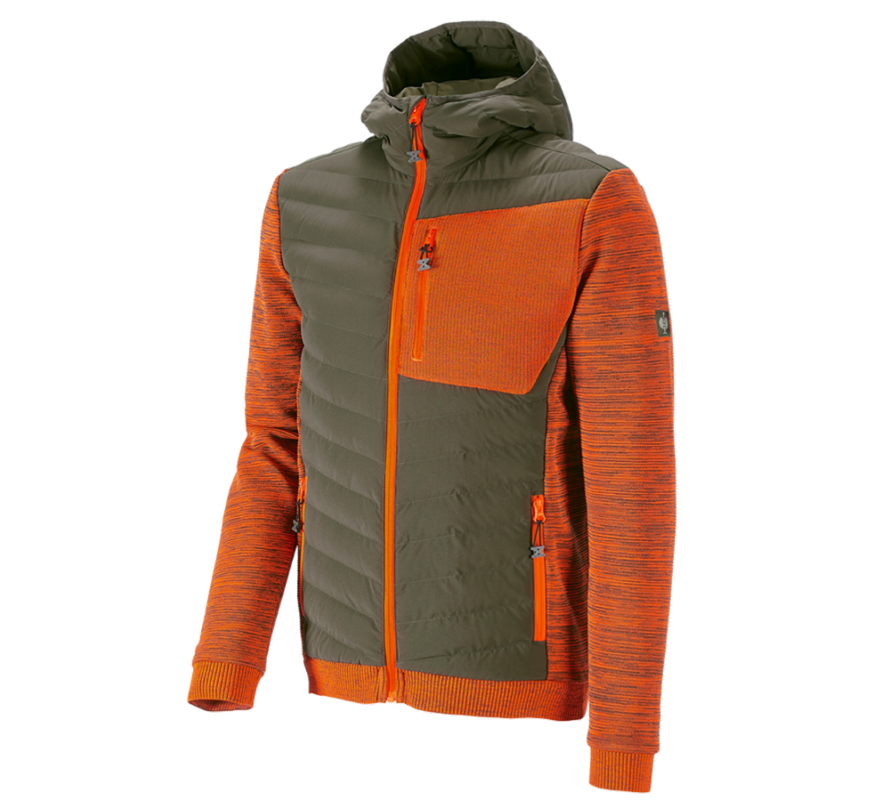 Work Jackets: Hybrid hooded knitted jacket e.s.motion ten + disguisegreen/high-vis orange melange