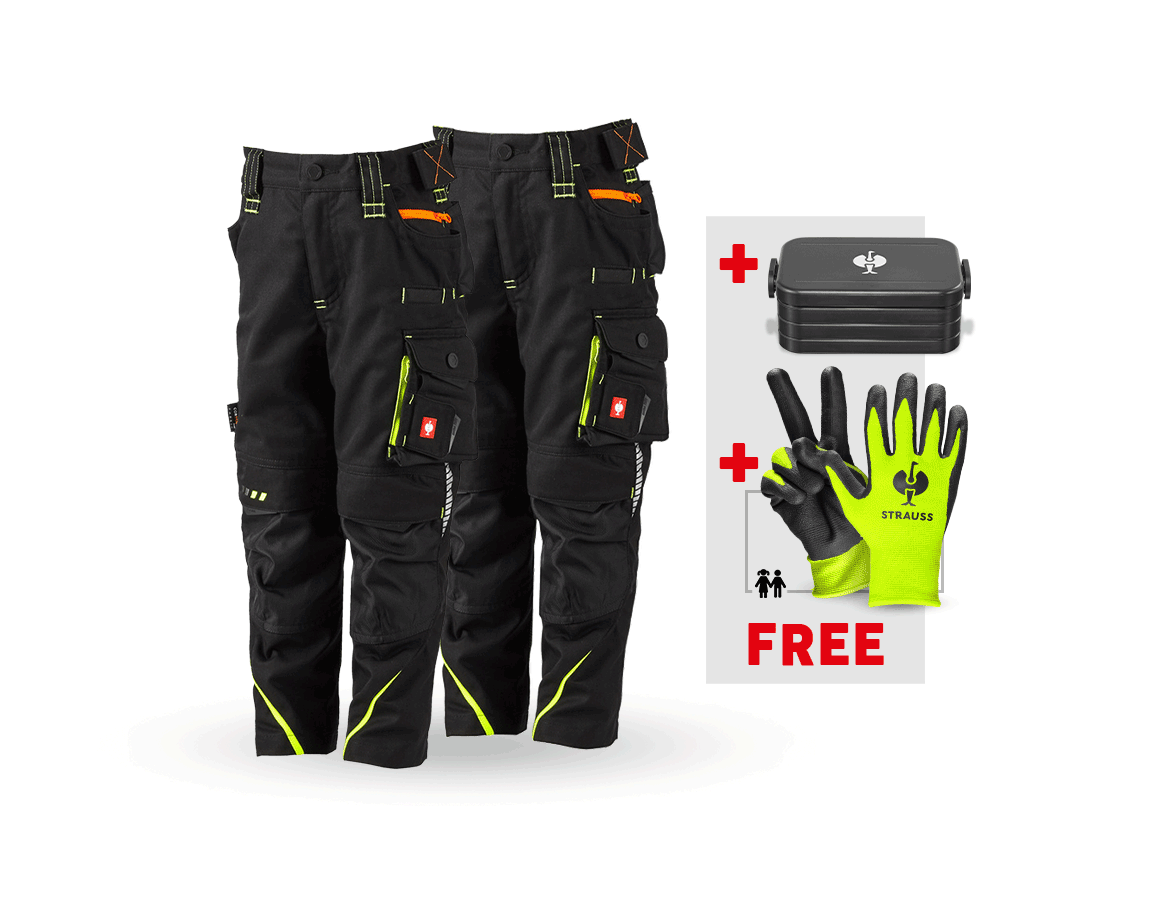 Larger gifts: SET: 2x children’s trousers e.s.motion 2020 + black/high-vis yellow/high-vis orange