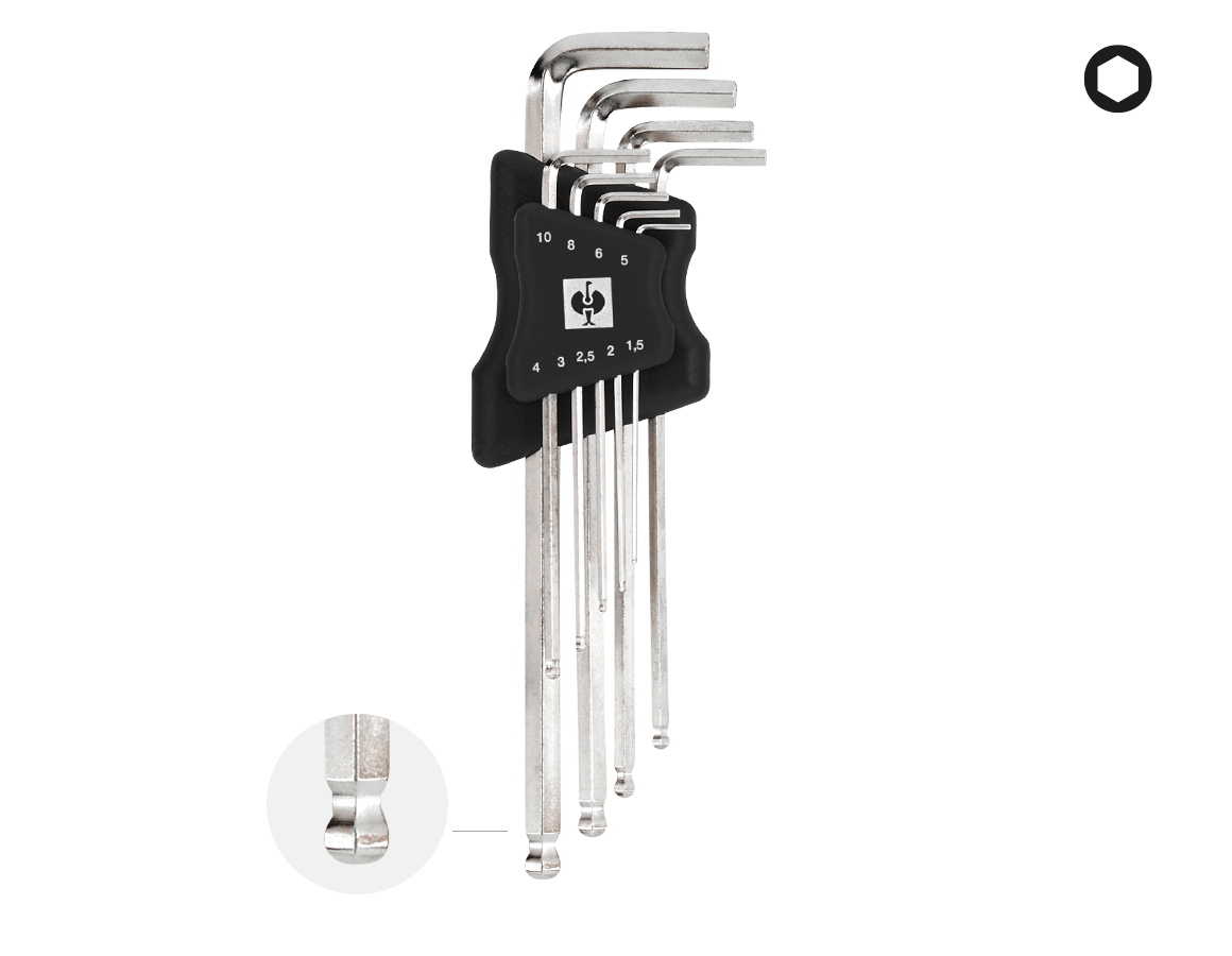 Screwdrivers: e.s. Long angled hex key set with ball end, 9-part
