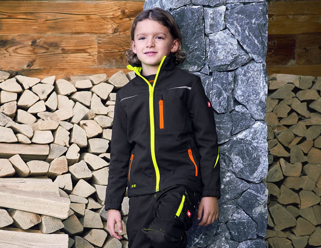 Jackets: Softshell jacket e.s.motion 2020, children's + black/high-vis yellow/high-vis orange