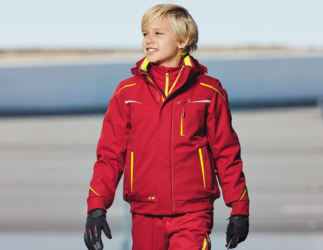 Jackets: Winter softshell jacket e.s.motion 2020,children's + fiery red/high-vis yellow