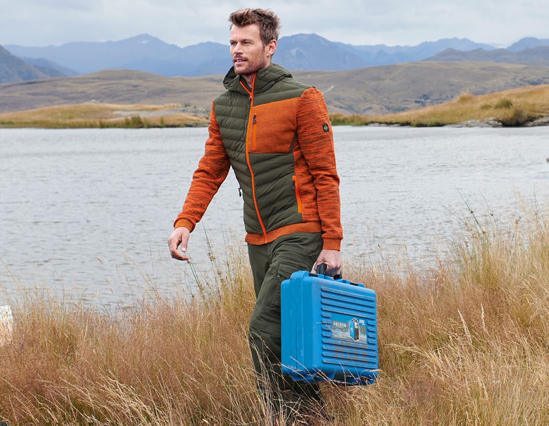 Work Jackets: Hybrid hooded knitted jacket e.s.motion ten + disguisegreen/high-vis orange melange 1