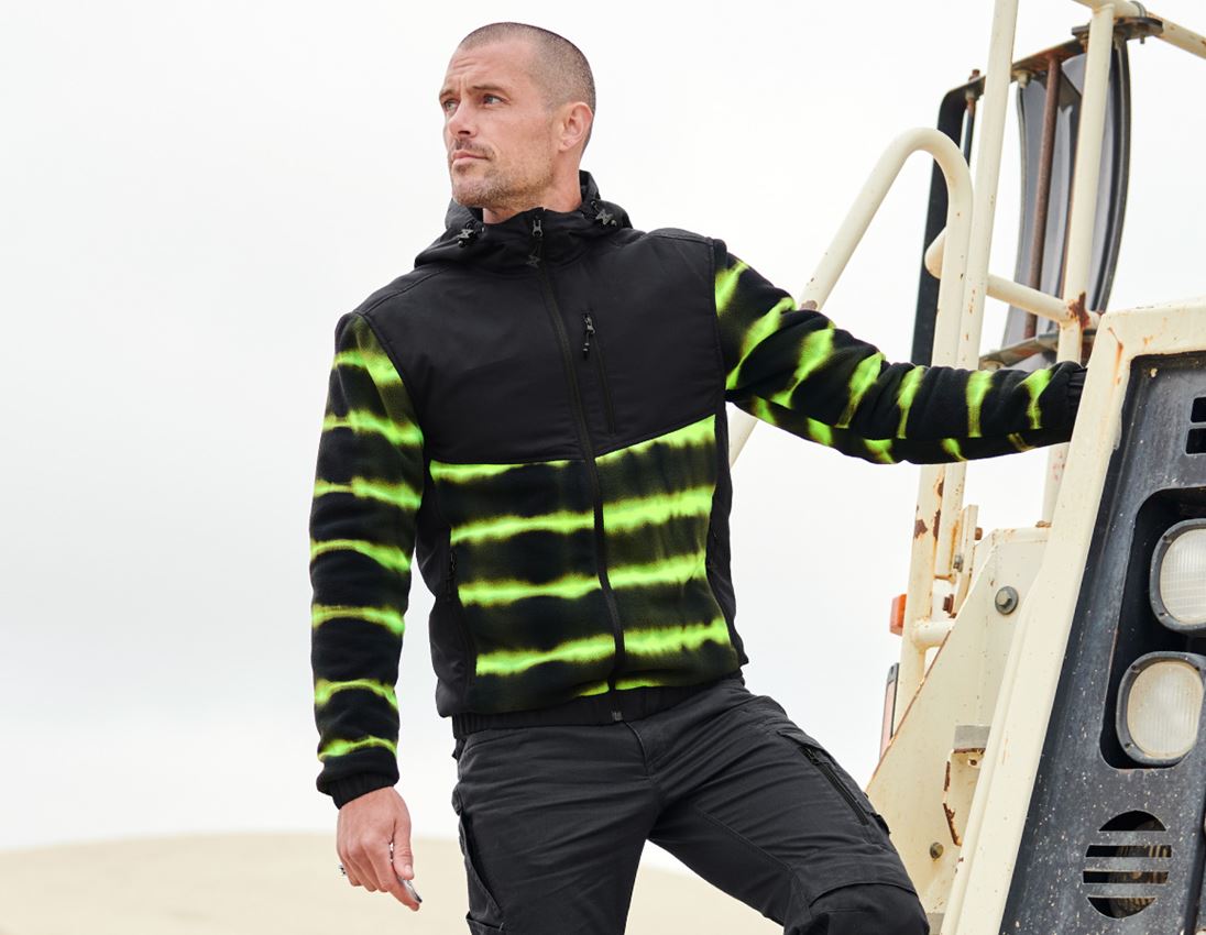 Work Jackets: Hybrid fleece hoody jacket tie-dye e.s.motion ten + black/high-vis yellow