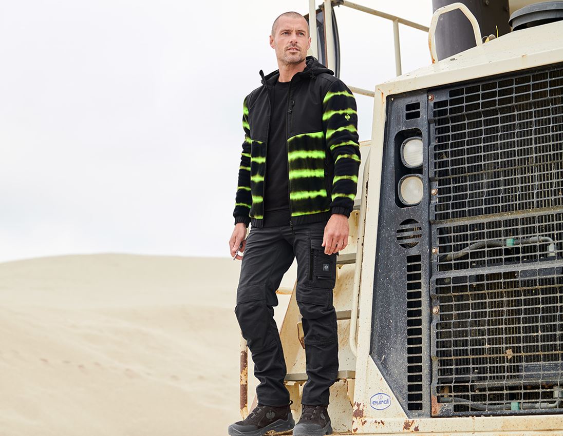 Work Jackets: Hybrid fleece hoody jacket tie-dye e.s.motion ten + black/high-vis yellow 1