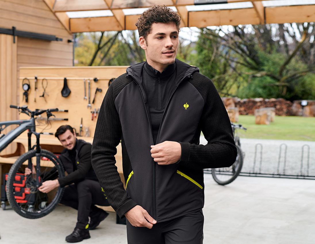 Work Jackets: Hybrid hooded knitted jacket e.s.trail + black/acid yellow