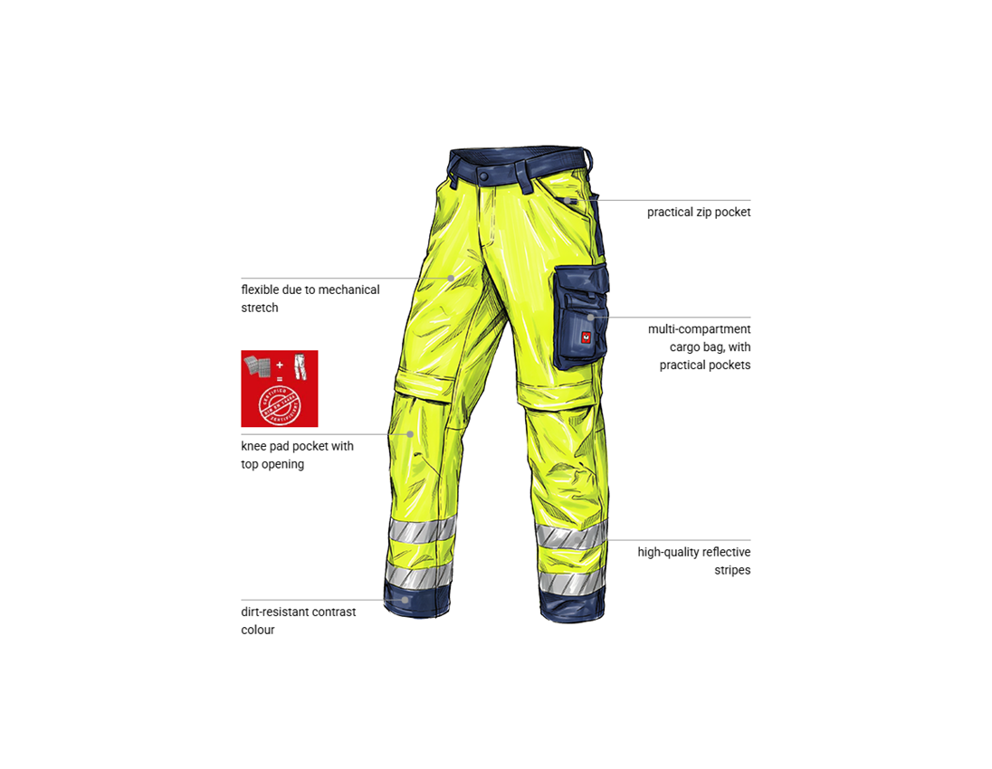 Work Trousers: High-vis trousers e.s.line.core + high-vis yellow/navy 1