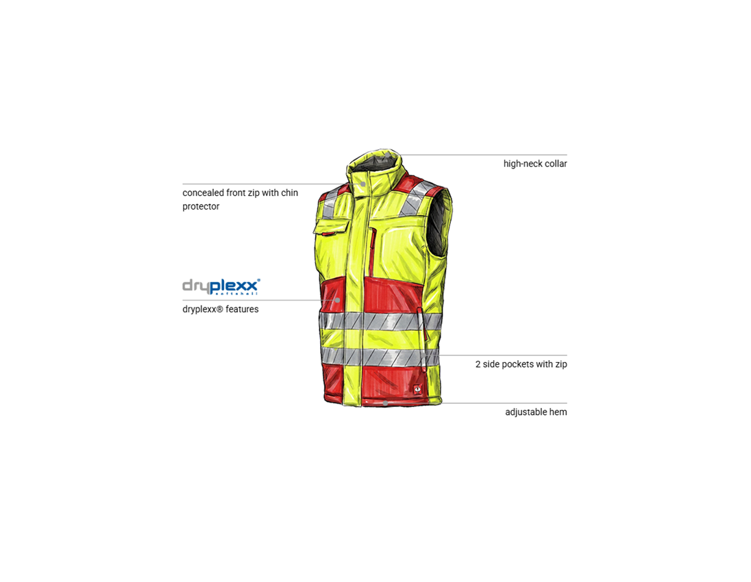 Work Body Warmer: High-vis winter softsh. bodywarmer e.s.motion 24/7 + red/high-vis yellow 1