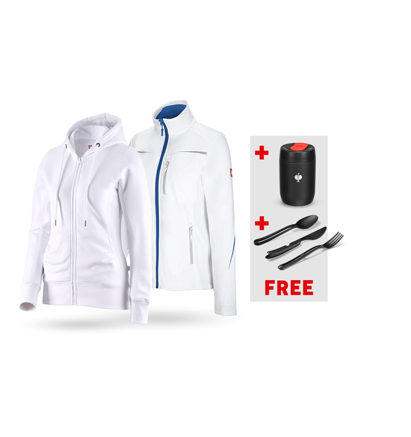 Work Jackets: SET: Softshell jacket + Hoody sweatjacket, ladies' + white/gentianblue