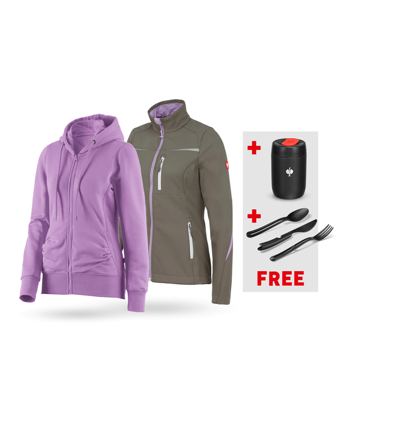 Work Jackets: SET: Softshell jacket + Hoody sweatjacket, ladies' + stone/lavender