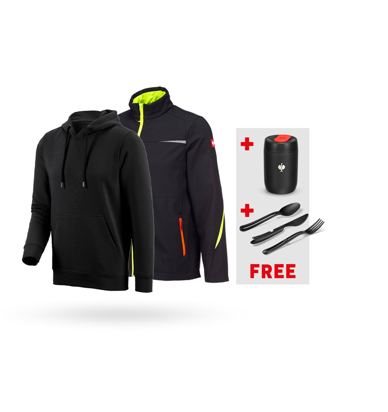 Work Jackets: SET: Softshell jacket e.s.motion 2020 + hoody + black/high-vis yellow/high-vis orange