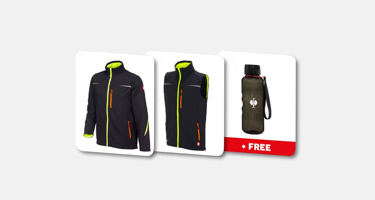 Animation of set configuration: 2x jacket and/or vest e.s.motion 2020 in different colours with free item