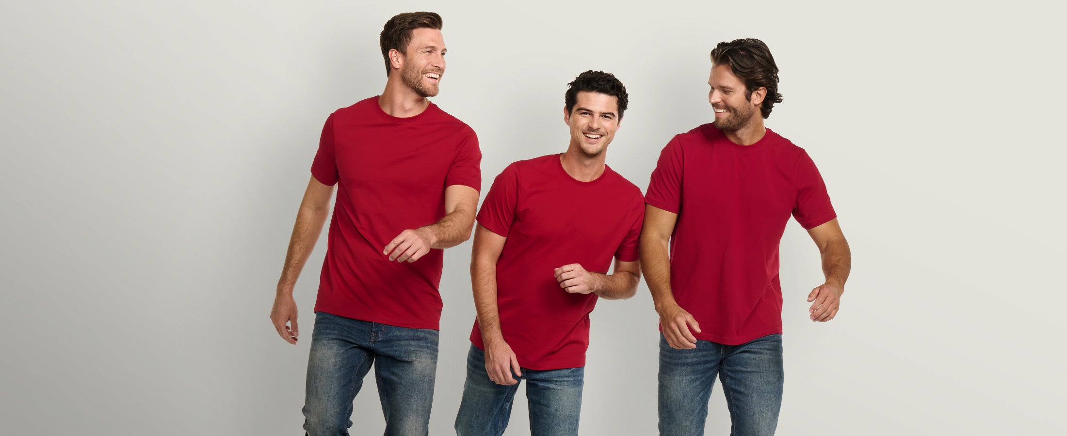 Male models wearing the basics in long, slim, and regular fit.